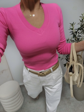 Bluzka prążkowana ARIEN V-neck fuksja